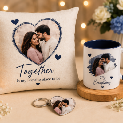 Personalized Couple Gift Set – Cushion, Mug & Keychain | Feeling Celebration