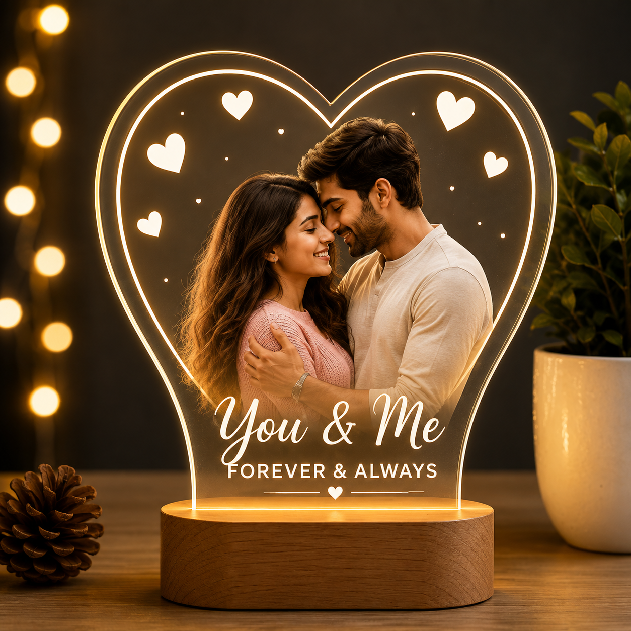 Personalized Heart Acrylic LED Lamp – You & Me | Feeling Celebration