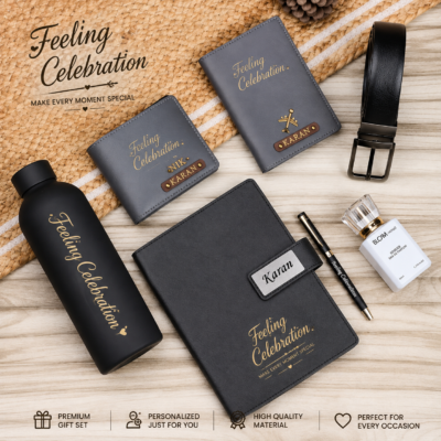 Feeling Celebration Personalized Premium Gift Set for Men with Bottle, Diary, Wallet, Belt & Perfume