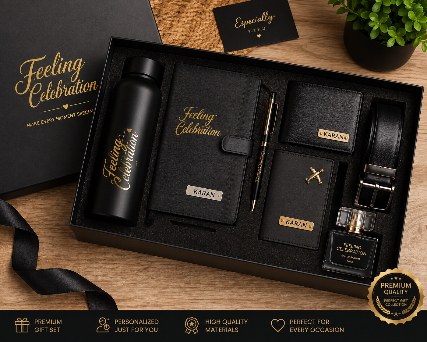 Feeling Celebration Personalized Premium Gift Set for Men with Bottle, Diary, Wallet, Belt & Perfume - Image 2