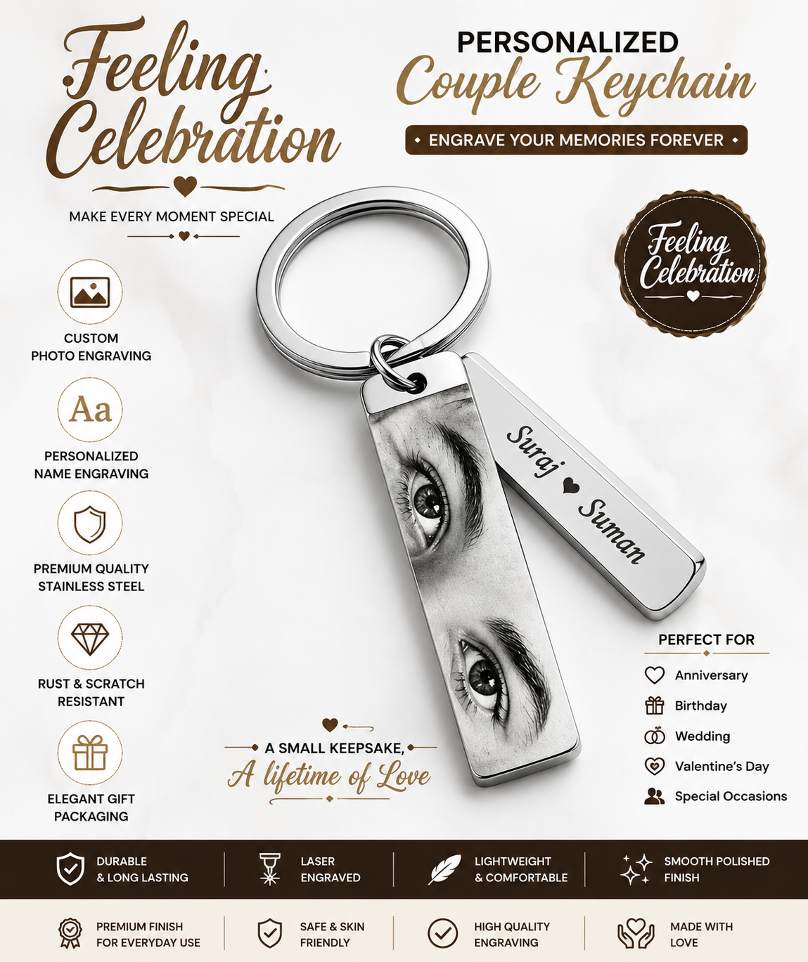 Personalized Couple Photo Engraved Metal Keychain | Suraj ❤️ Suman | Feeling Celebration - Image 2