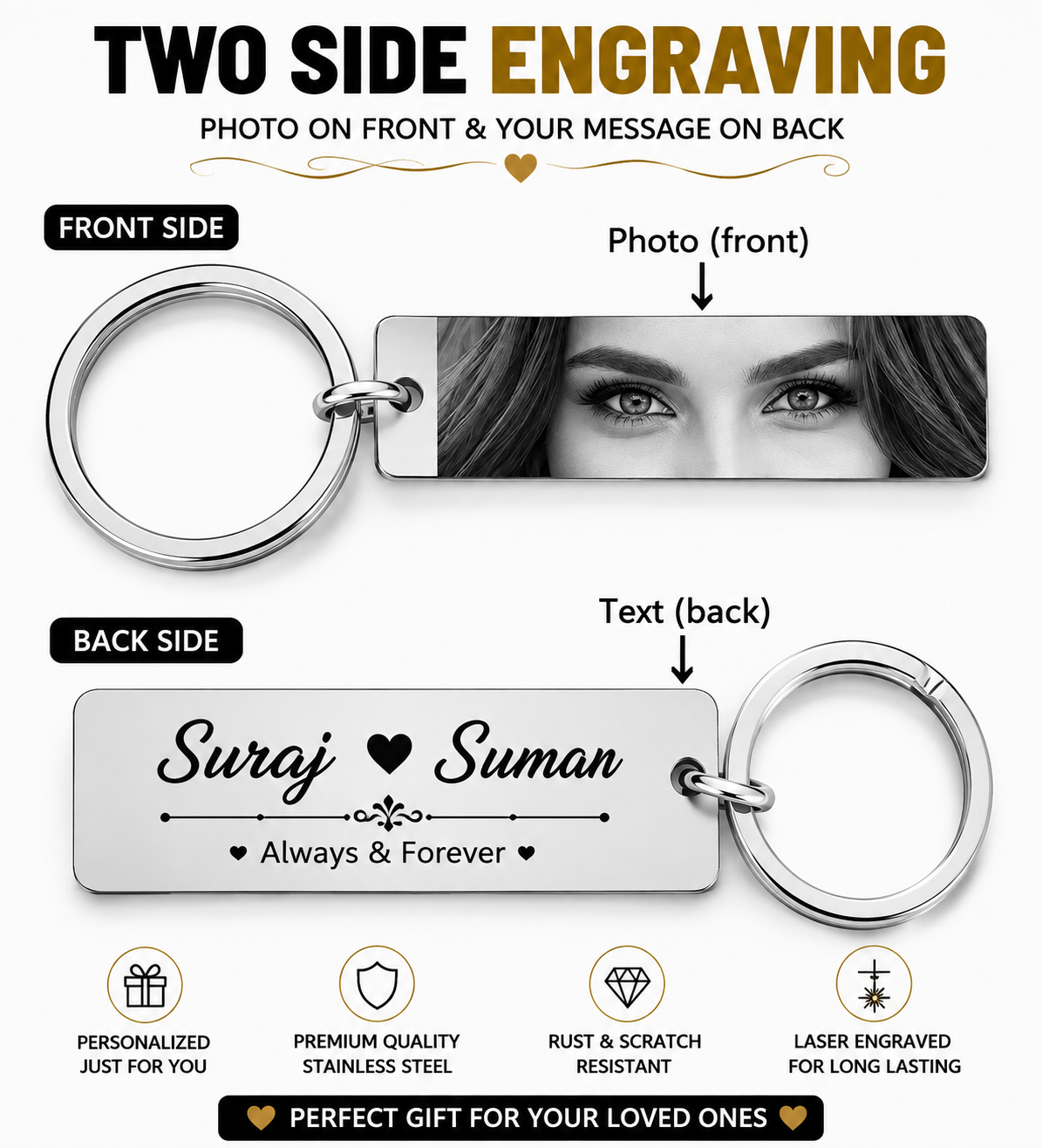 Personalized Couple Photo Engraved Metal Keychain | Suraj ❤️ Suman | Feeling Celebration - Image 3