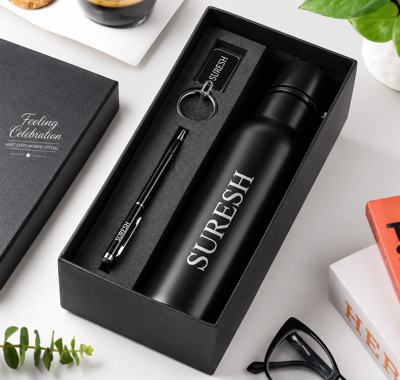 Feeling Celebration Personalized Premium Bottle Gift Set with Pen & Keychain