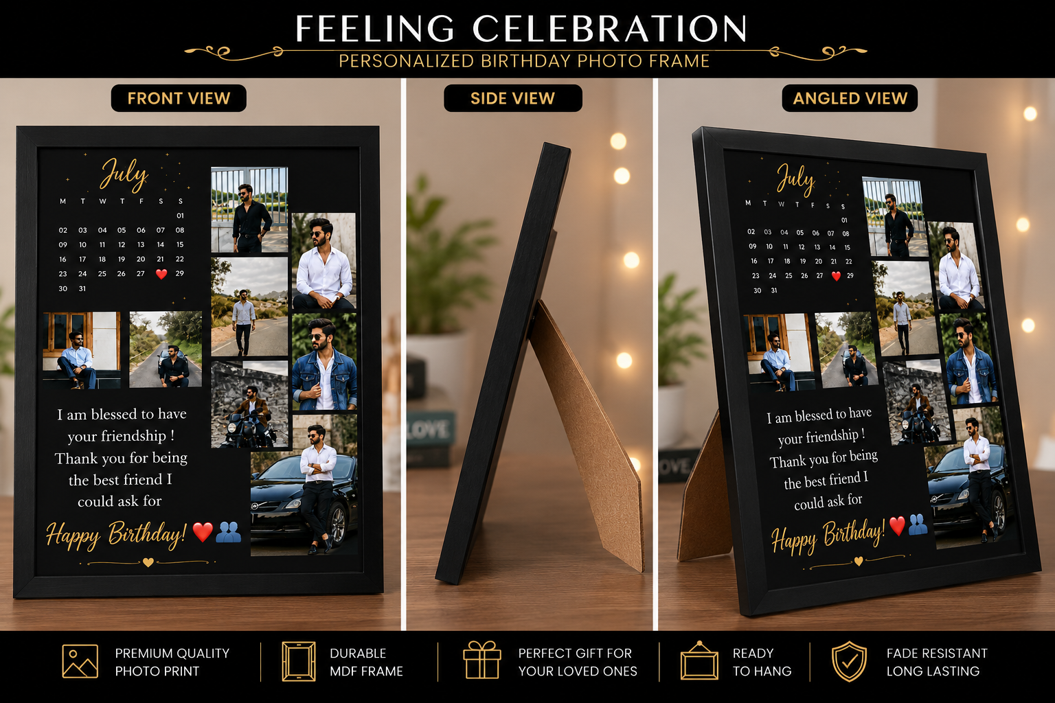 Feeling Celebration Personalized Birthday Photo Frame with Calendar | Custom Friendship Gift - Image 2