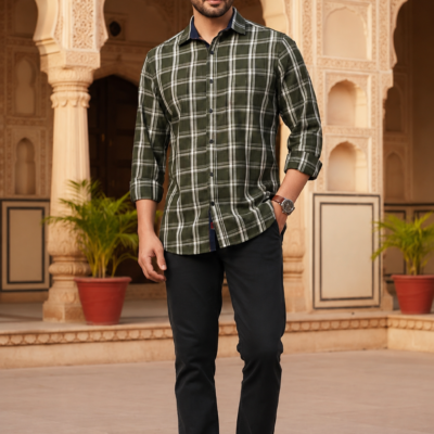 Ajmera Men's Olive Green Checked Full Sleeve Cotton Casual Shirt