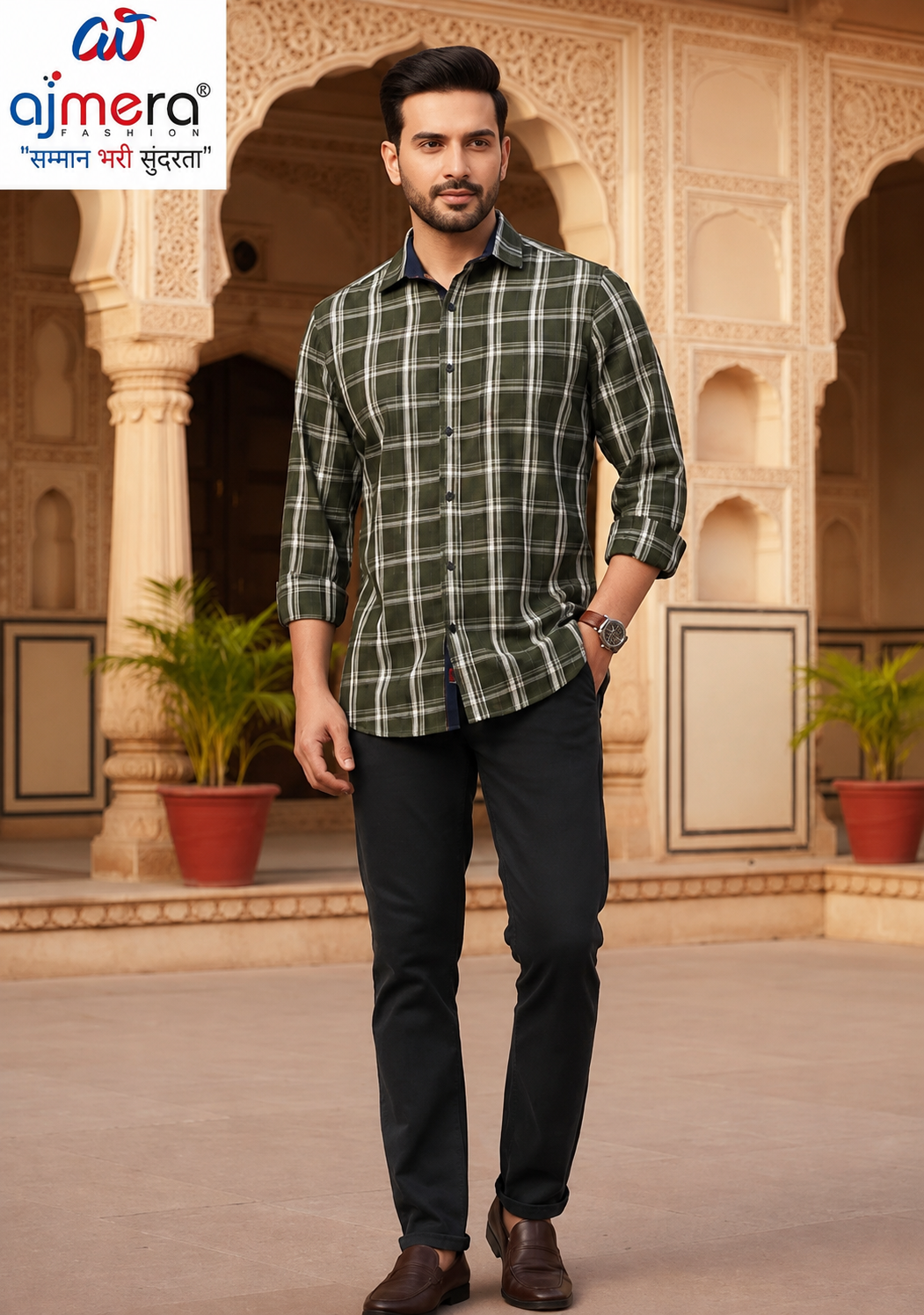 Ajmera Men's Olive Green Checked Full Sleeve Cotton Casual Shirt