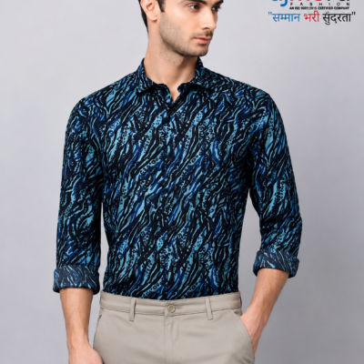 Ajmera Men's Navy Blue Abstract Printed Full Sleeve Cotton Casual Shirt