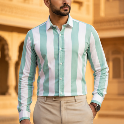 Ajmera Men's Mint Green & White Vertical Striped Full Sleeve Cotton Casual Shirt