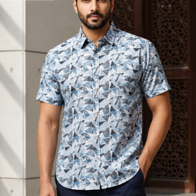 Ajmera Men's Grey Geometric Printed Half Sleeve Cotton Casual Shirt