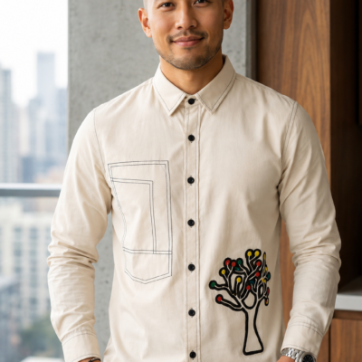 Ajmera Men's Beige Designer Printed Full Sleeve Cotton Casual Shirt