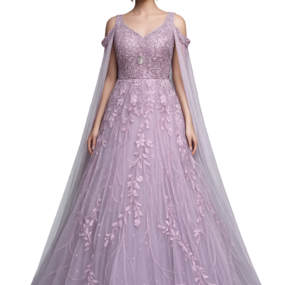 Ivory & Lavender Luxury Embroidered Princess Gown