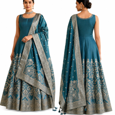 Teal Blue Designer Anarkali Gown with Dupatta