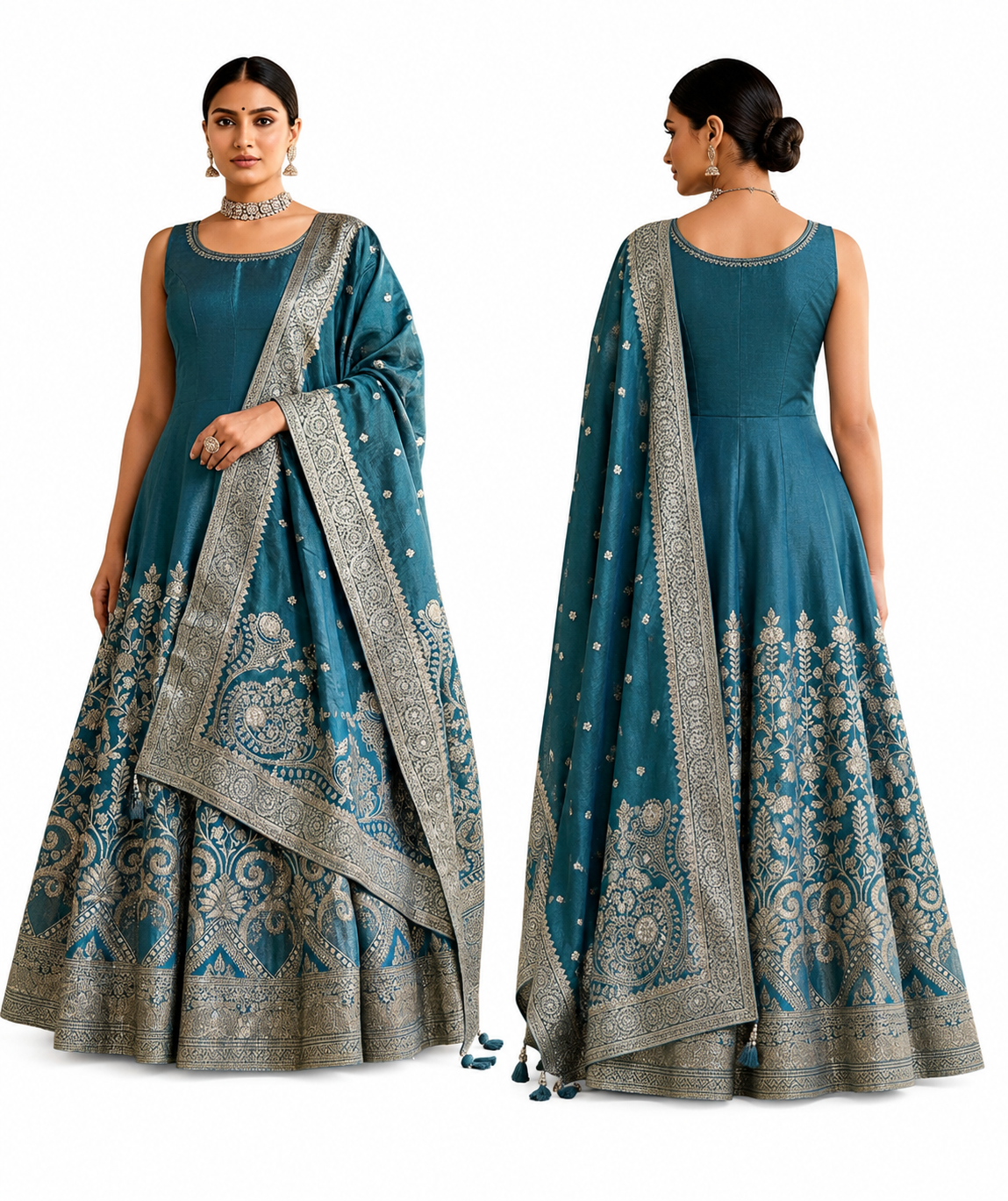Teal Blue Designer Anarkali Gown with Dupatta