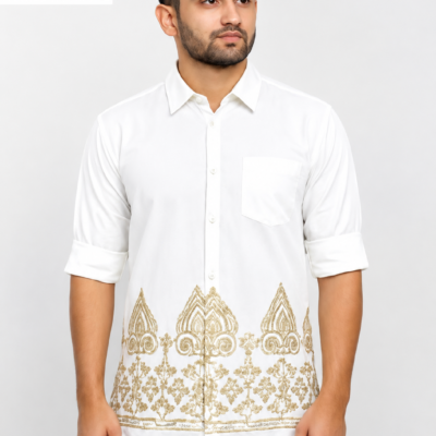 Ajmera Fashion Men's White Embroidered Cotton Blend Casual & Festive Shirt with Golden Border Design