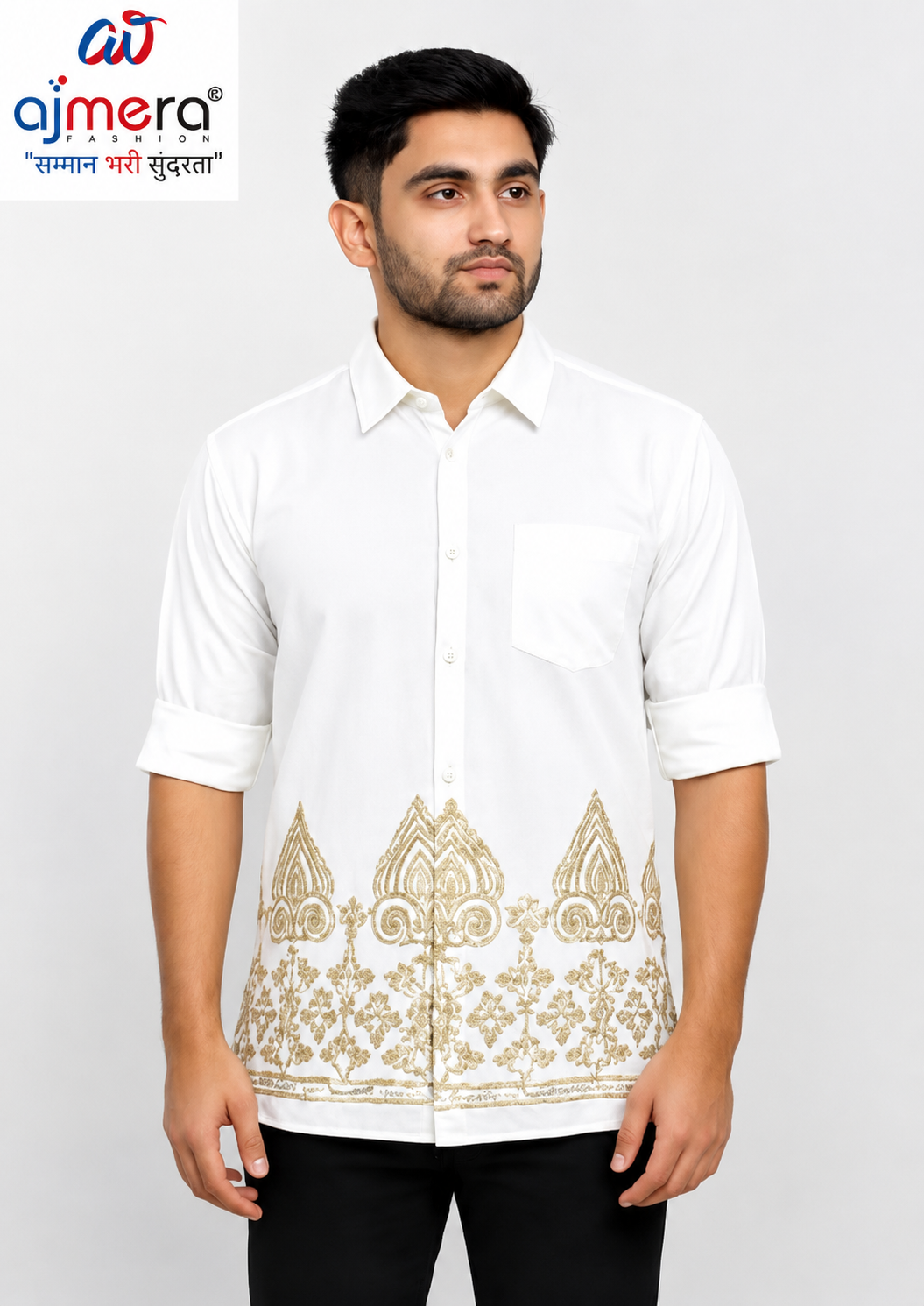 Ajmera Fashion Men's White Embroidered Cotton Blend Casual & Festive Shirt with Golden Border Design