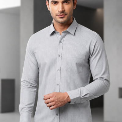 Ajmera Fashion Men's Light Grey Striped Cotton Blend Formal Shirt