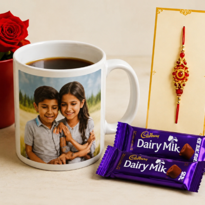 Personalized Brother Photo Mug with Designer Rakhi & Cadbury Dairy Milk Gift Combo