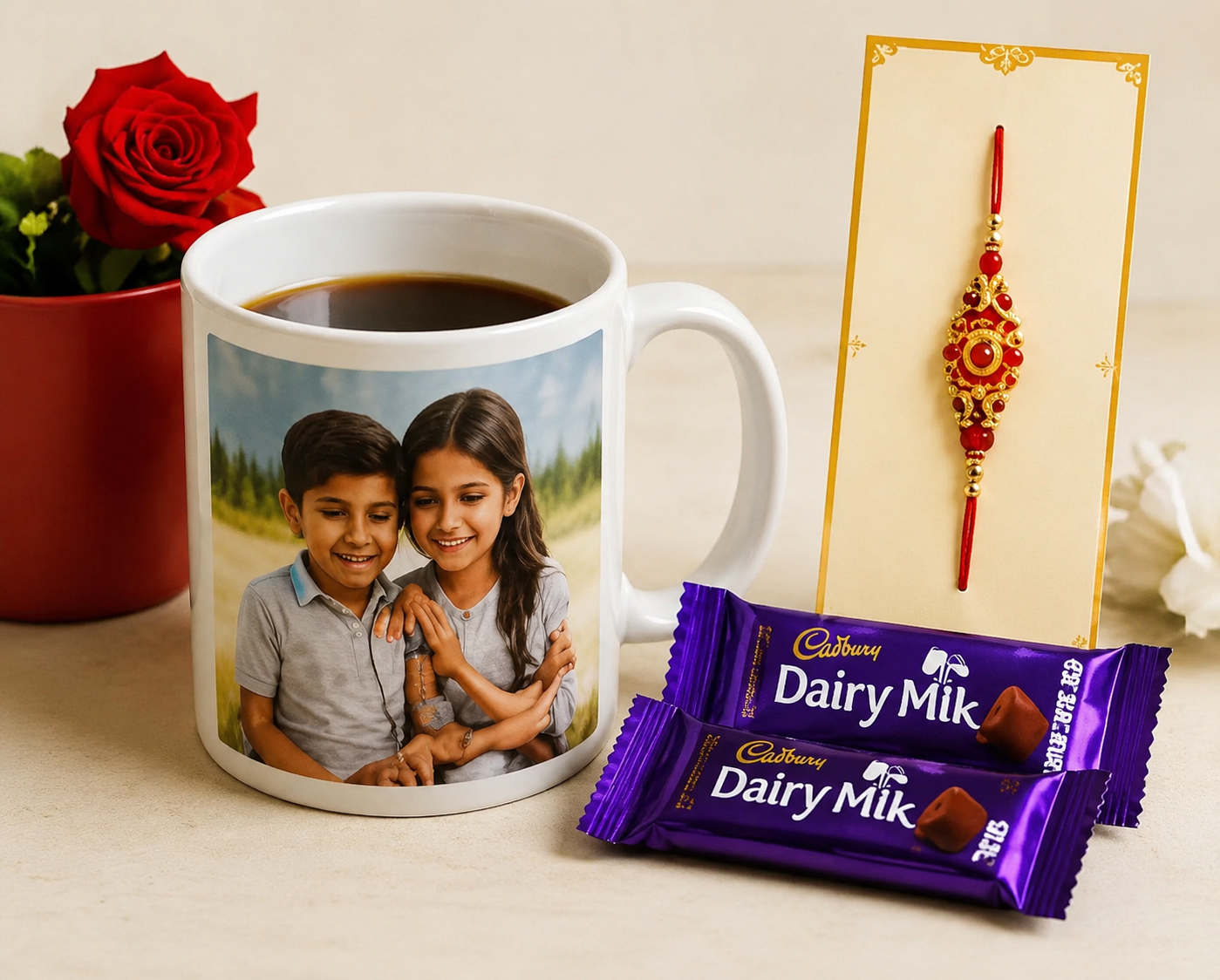 Personalized Brother Photo Mug with Designer Rakhi & Cadbury Dairy Milk Gift Combo