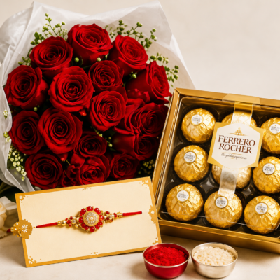 Premium Red Rose Bouquet with Ferrero Rocher & Designer Rakhi Gift Combo