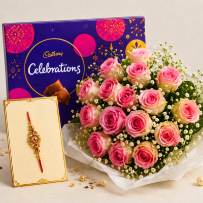 Cadbury Celebrations with Pink Rose Bouquet & Designer Rakhi Gift Combo