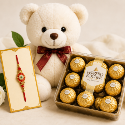 Premium Teddy Bear with Ferrero Rocher & Designer Rakhi Gift Combo