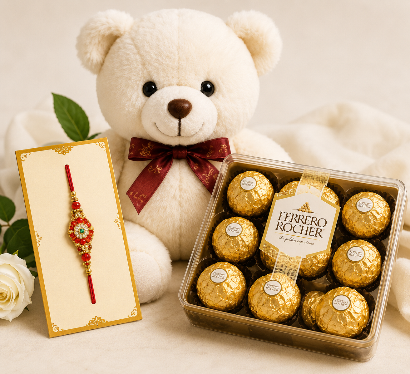 Premium Teddy Bear with Ferrero Rocher & Designer Rakhi Gift Combo