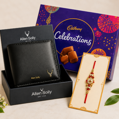 Premium Leather Wallet with Cadbury Celebrations & Designer Rakhi Gift Combo