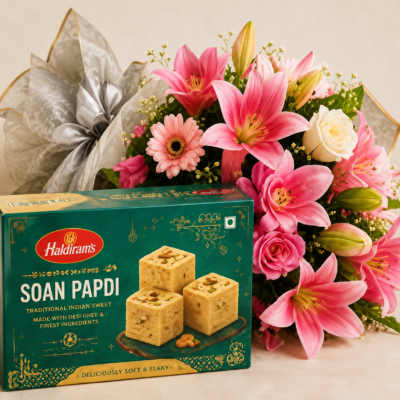 Haldiram's Soan Papdi with Premium Pink Lily Bouquet Gift Combo