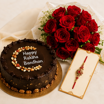 Chocolate Cake with Red Rose Bouquet & Designer Rakhi Gift Combo