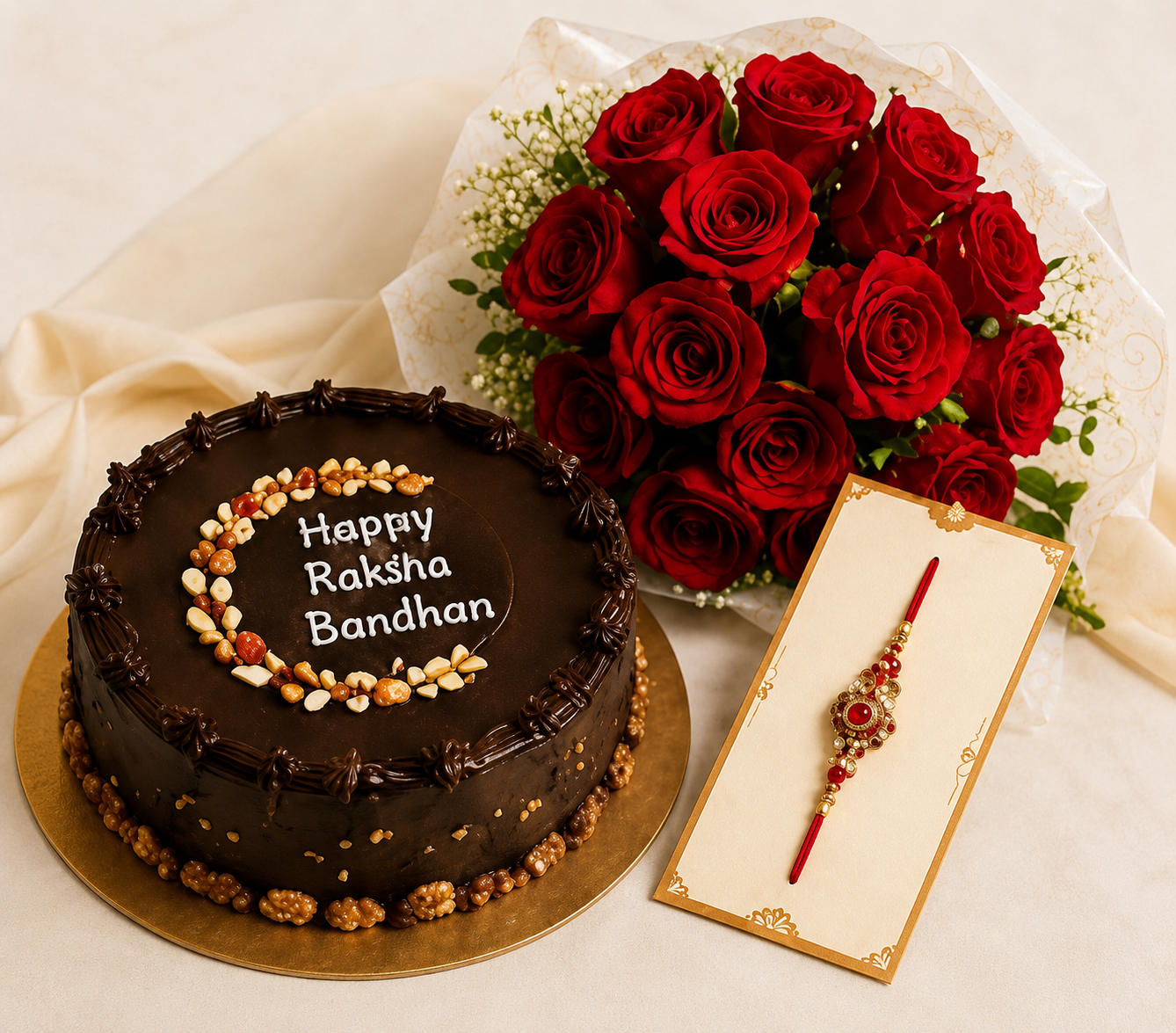Chocolate Cake with Red Rose Bouquet & Designer Rakhi Gift Combo