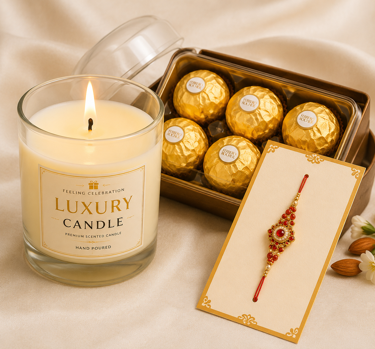 Feeling Celebration Luxury Candle & Ferrero Rocher Rakhi Gift Hamper