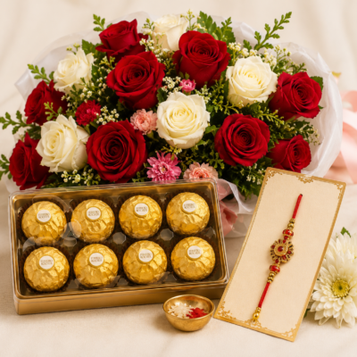 Premium Red & White Rose Bouquet with Ferrero Rocher & Rakhi