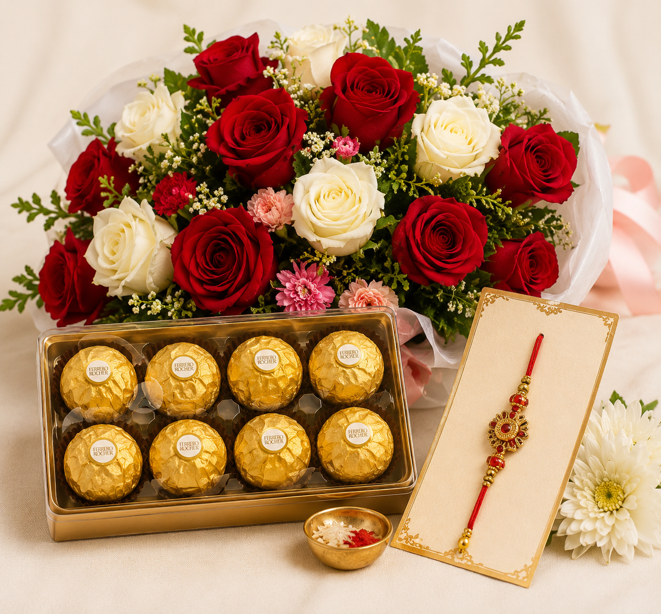 Premium Red & White Rose Bouquet with Ferrero Rocher & Rakhi
