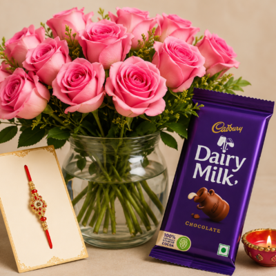 Premium Pink Rose Bouquet with Dairy Milk & Rakhi