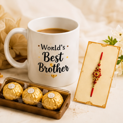 World’s Best Brother Mug with Rakhi & 3 Chocolates Gift Combo