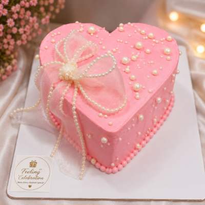 Pink Heart Shape Pearl Bow Cake