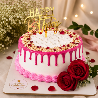 Pink Drip Rose Birthday Cake