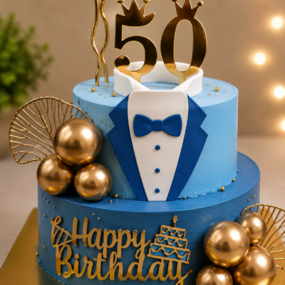 Blue & Gold Two Tier 50th Birthday Cake