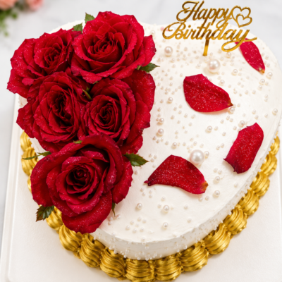 Red Rose Heart Shape Birthday Cake
