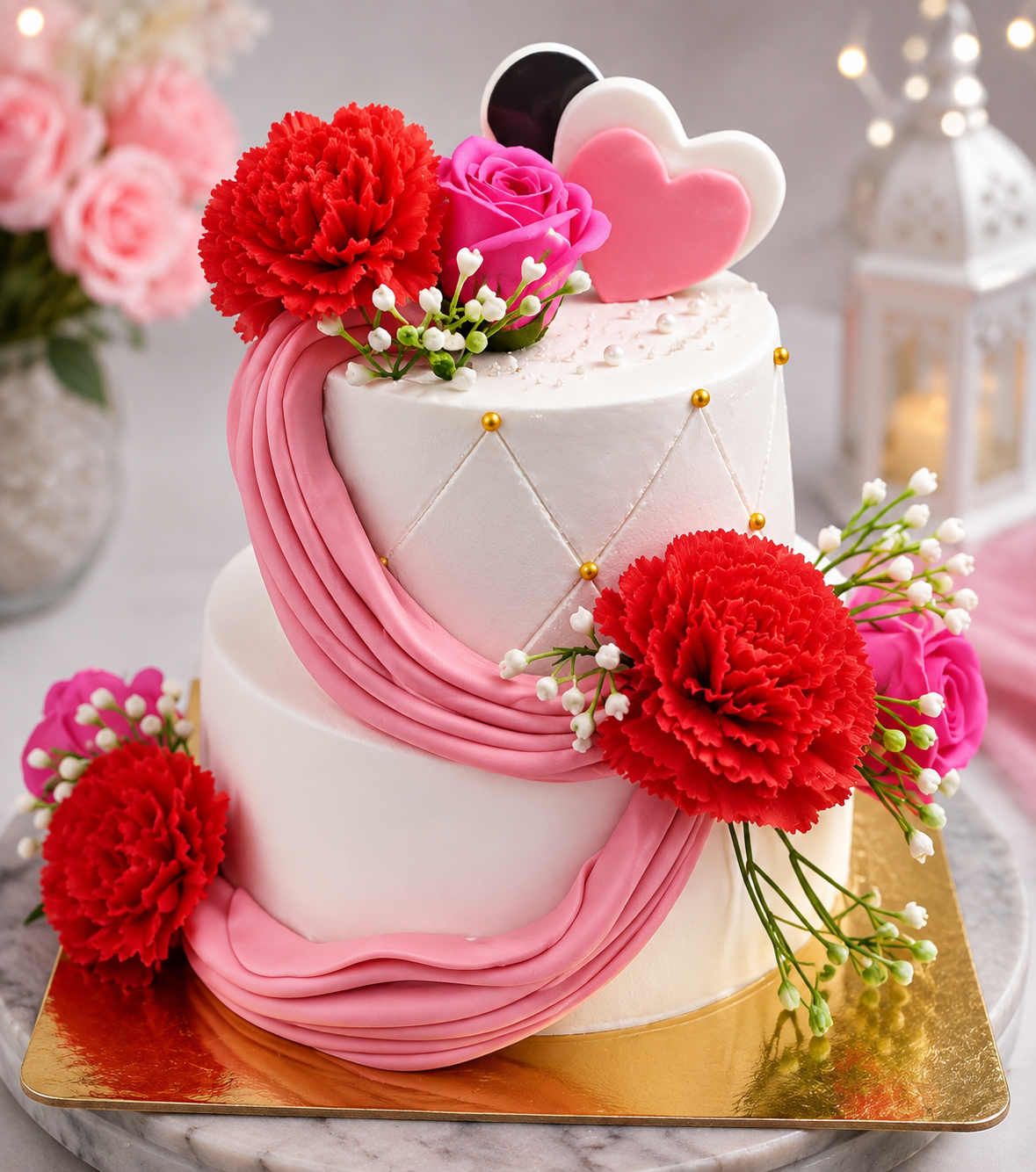 Elegant Pink & White Floral Designer Cake