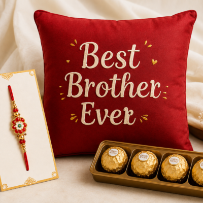 Best Brother Ever Rakhi Gift Hamper with Cushion, Rakhi & Chocolates