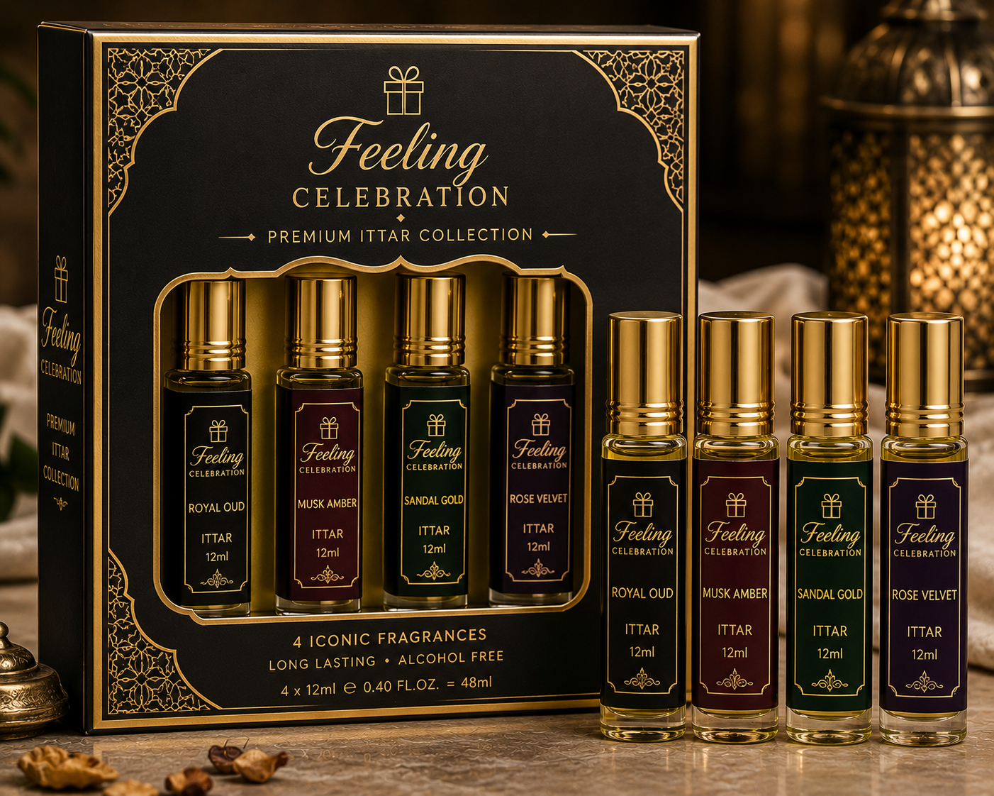 Feeling Celebration Premium Ittar Gift Set – 4 × 12ml | 4 Signature Fragrances