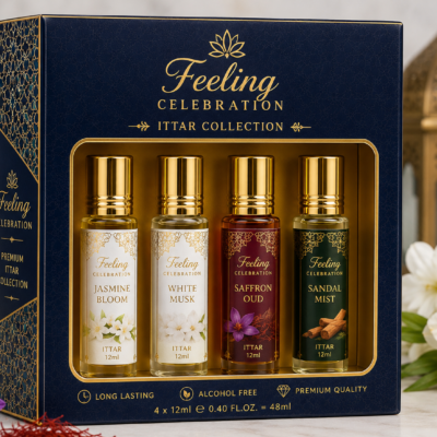 Feeling Celebration Premium Ittar Gift Set – 4 × 12ml | Jasmine Bloom, White Musk, Saffron Oud & Sandal Mist