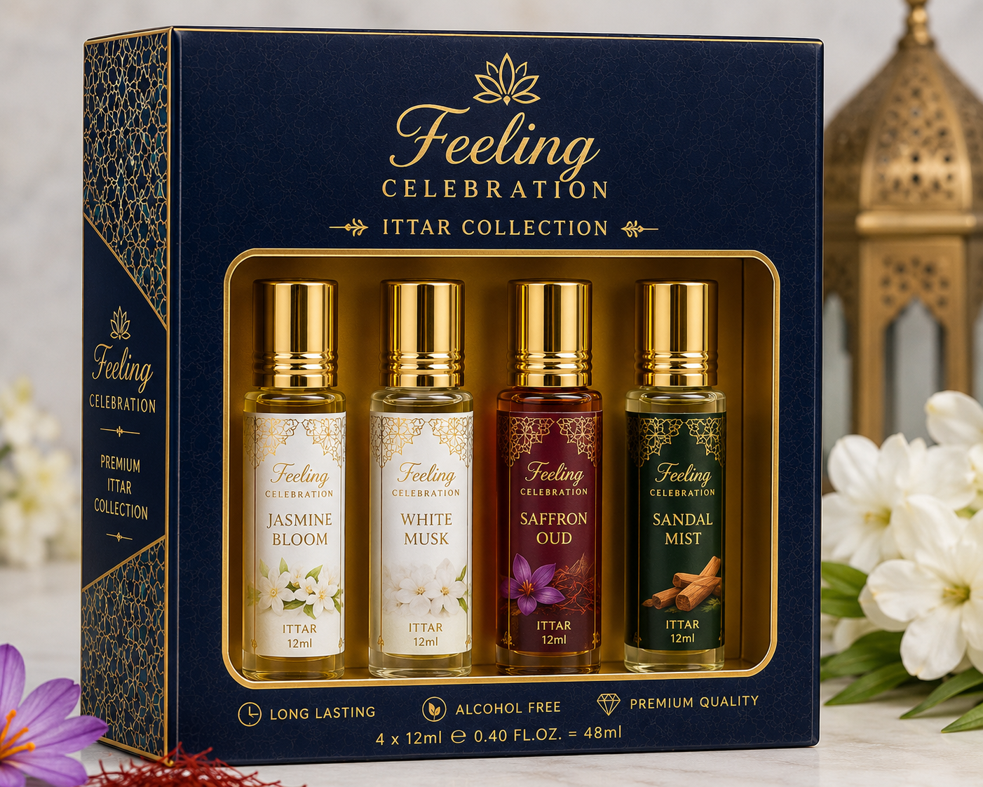 Feeling Celebration Premium Ittar Gift Set – 4 × 12ml | Jasmine Bloom, White Musk, Saffron Oud & Sandal Mist