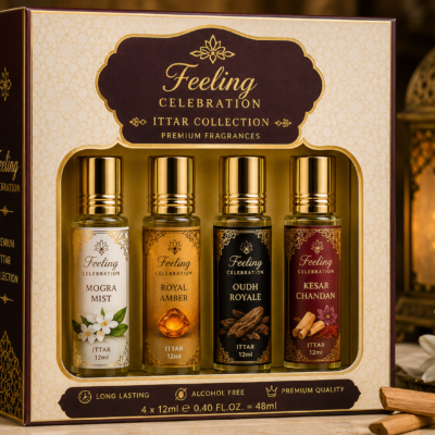 Feeling Celebration Premium Ittar Gift Set – 4 × 12ml | Mogra Mist, Royal Amber, Oudh Royale & Kesar Chandan