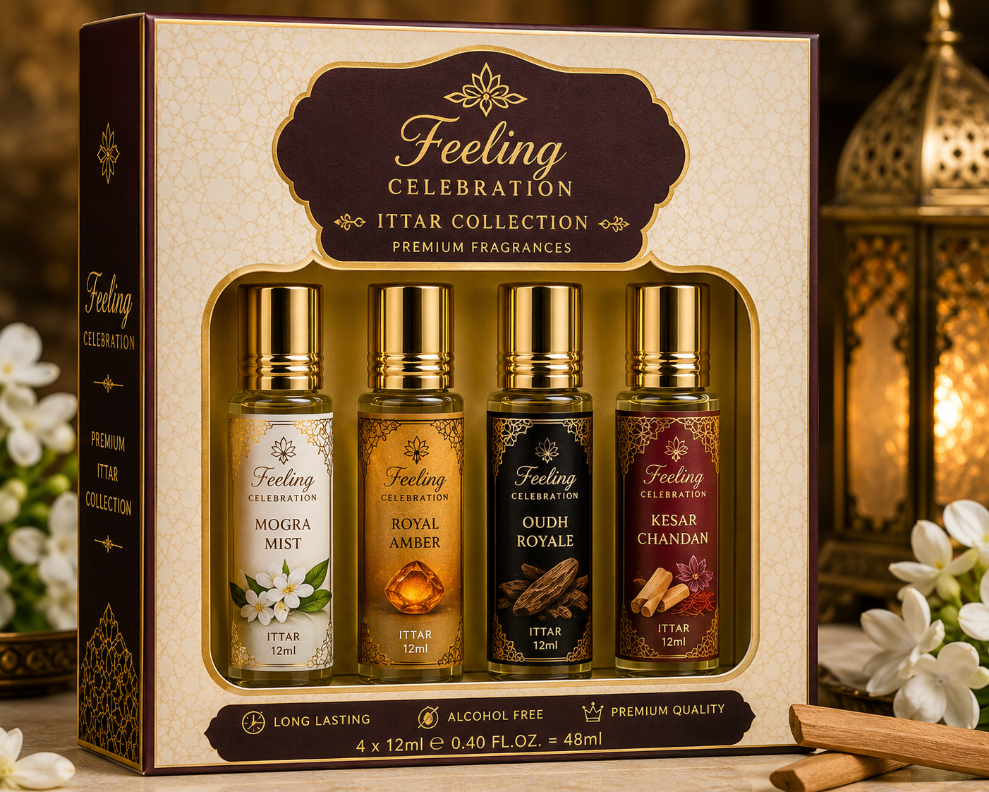 Feeling Celebration Premium Ittar Gift Set – 4 × 12ml | Mogra Mist, Royal Amber, Oudh Royale & Kesar Chandan