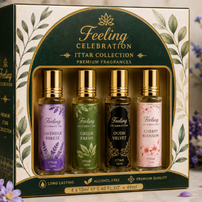 Feeling Celebration Premium Ittar Gift Set – 4 × 12ml | Lavender Breeze, Green Fresh, Oudh Velvet & Cherry Blossom
