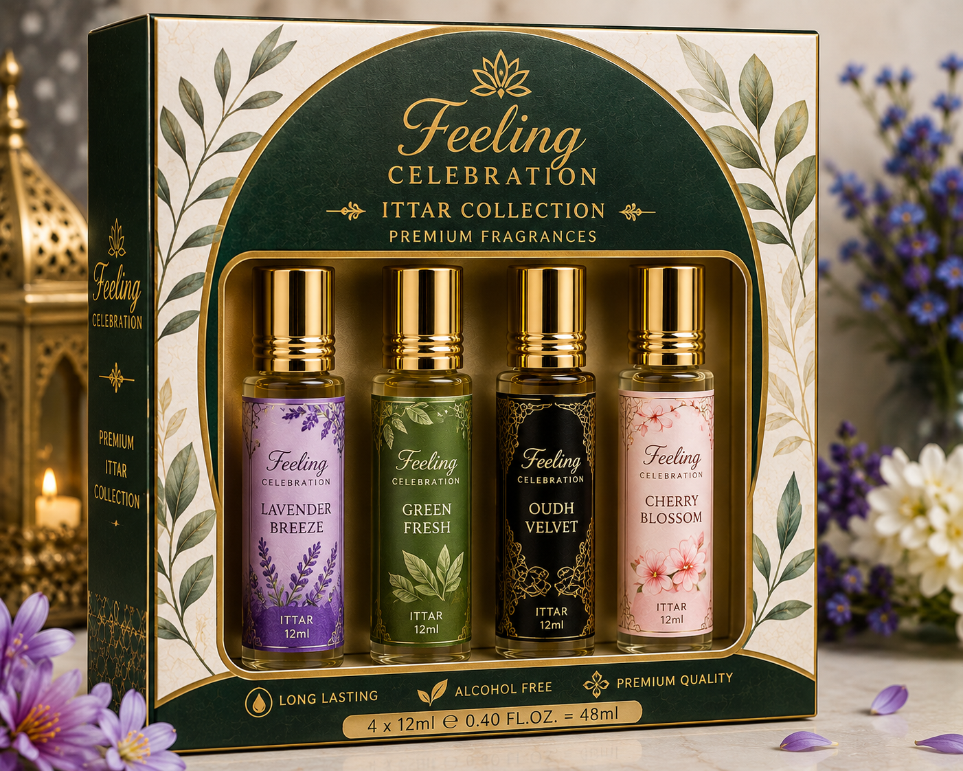 Feeling Celebration Premium Ittar Gift Set – 4 × 12ml | Lavender Breeze, Green Fresh, Oudh Velvet & Cherry Blossom