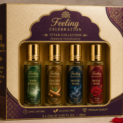 Feeling Celebration Premium Ittar Gift Set – 4 × 12ml | Rain Forest, Golden Sandal, Mystic Musk & Royal Rose