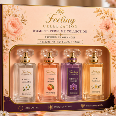 eeling Celebration Women’s Perfume Gift Set – 4 × 30ml | Crystal Jasmine, Peach Desire, Midnight Orchid & Silky Vanilla